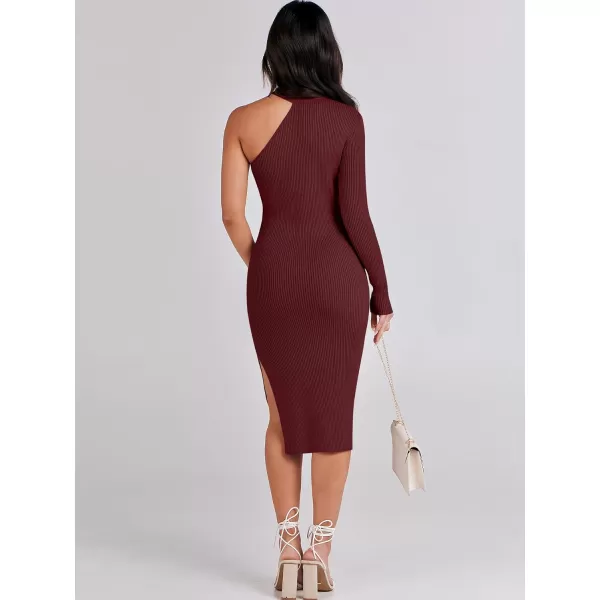 Caracilia Women 2023 Fall Sweater Dress Sexy One Shoulder Long Sleeve Ribbed Knit Side Slit Bodycon Midi Dresses
