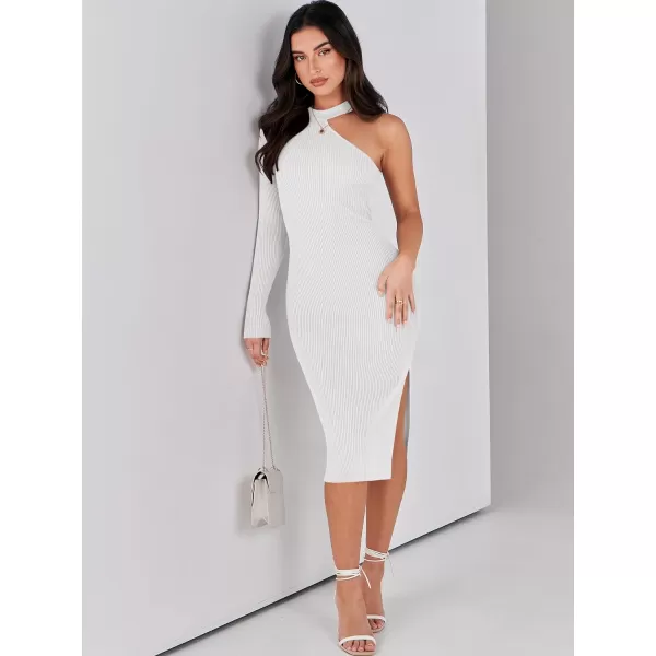 Caracilia Women 2023 Fall Sweater Dress Sexy One Shoulder Long Sleeve Ribbed Knit Side Slit Bodycon Midi Dresses