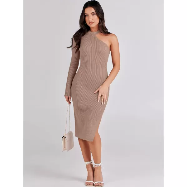 Caracilia Women 2023 Fall Sweater Dress Sexy One Shoulder Long Sleeve Ribbed Knit Side Slit Bodycon Midi Dresses