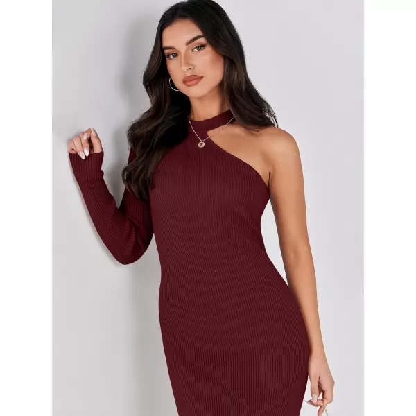 Caracilia Women 2023 Fall Sweater Dress Sexy One Shoulder Long Sleeve Ribbed Knit Side Slit Bodycon Midi Dresses