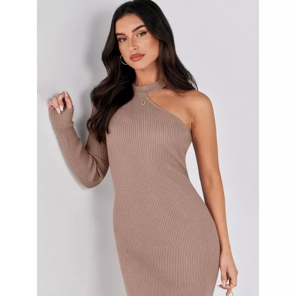 Caracilia Women 2023 Fall Sweater Dress Sexy One Shoulder Long Sleeve Ribbed Knit Side Slit Bodycon Midi Dresses