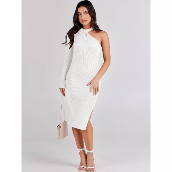 Caracilia Women 2023 Fall Sweater Dress Sexy One Shoulder Long Sleeve Ribbed Knit Side Slit Bodycon Midi Dresses