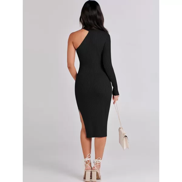 Caracilia Women 2023 Fall Sweater Dress Sexy One Shoulder Long Sleeve Ribbed Knit Side Slit Bodycon Midi Dresses