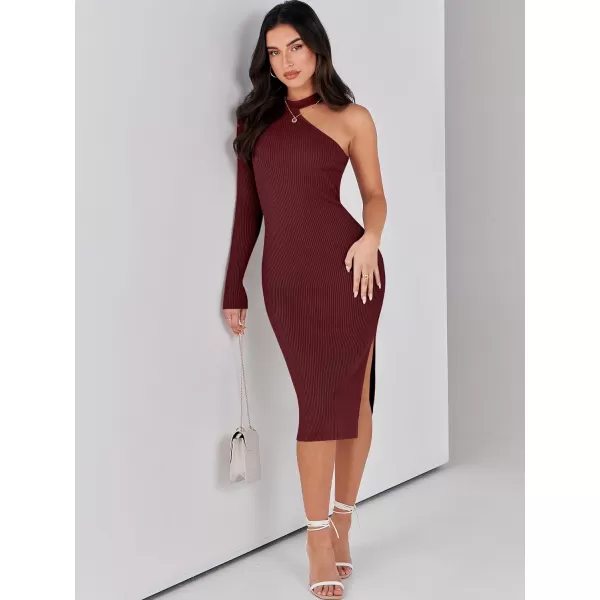 Caracilia Women 2023 Fall Sweater Dress Sexy One Shoulder Long Sleeve Ribbed Knit Side Slit Bodycon Midi Dresses