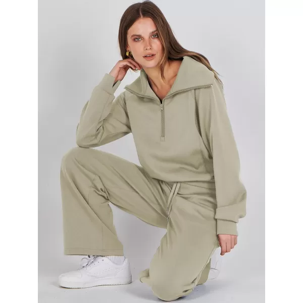 Caracilia Women Two Piece Outfits Sweatsuit Set Quarter Zip Oversized Sweatshirt Wide Leg Sweatpant Fall Lounge Set Tracksuit