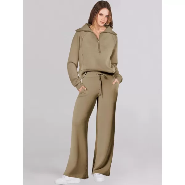 Caracilia Women Two Piece Outfits Sweatsuit Set Quarter Zip Oversized Sweatshirt Wide Leg Sweatpant Fall Lounge Set Tracksuit