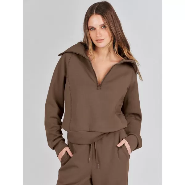 Caracilia Women Two Piece Outfits Sweatsuit Set Quarter Zip Oversized Sweatshirt Wide Leg Sweatpant Fall Lounge Set Tracksuit