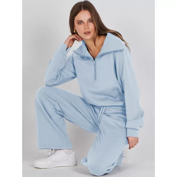 Caracilia Women Two Piece Outfits Sweatsuit Set Quarter Zip Oversized Sweatshirt Wide Leg Sweatpant Fall Lounge Set Tracksuit