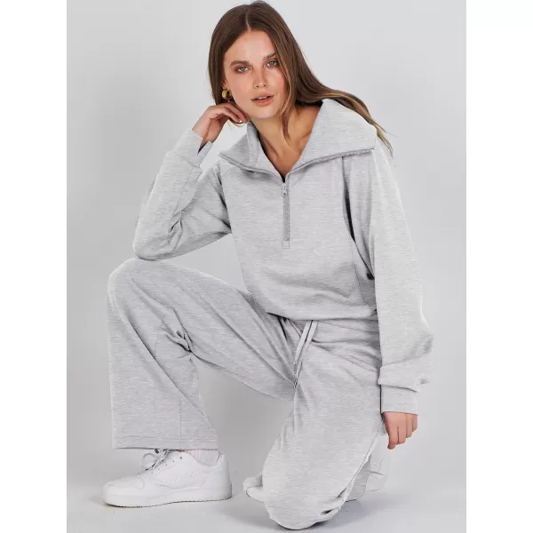 Caracilia Women Two Piece Outfits Sweatsuit Set Quarter Zip Oversized Sweatshirt Wide Leg Sweatpant Fall Lounge Set Tracksuit