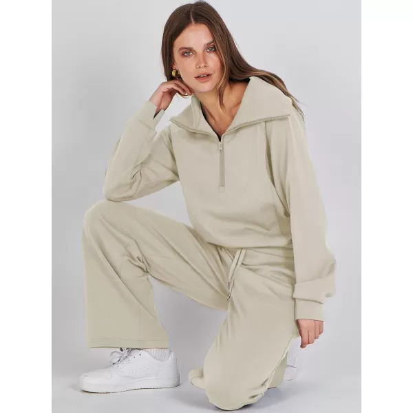 Caracilia Women Two Piece Outfits Sweatsuit Set Quarter Zip Oversized Sweatshirt Wide Leg Sweatpant Fall Lounge Set Tracksuit