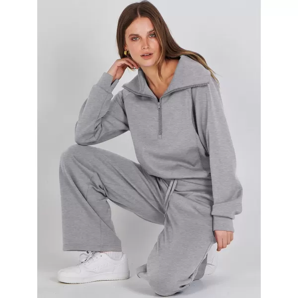 Caracilia Women Two Piece Outfits Sweatsuit Set Quarter Zip Oversized Sweatshirt Wide Leg Sweatpant Fall Lounge Set Tracksuit