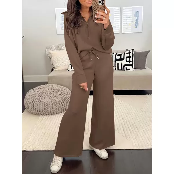 Caracilia Women Two Piece Outfits Sweatsuit Set Quarter Zip Oversized Sweatshirt Wide Leg Sweatpant Fall Lounge Set Tracksuit