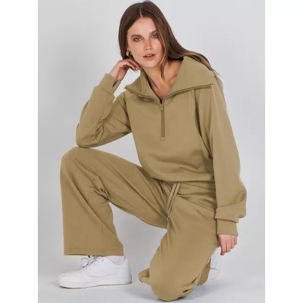 Caracilia Women Two Piece Outfits Sweatsuit Set Quarter Zip Oversized Sweatshirt Wide Leg Sweatpant Fall Lounge Set Tracksuit