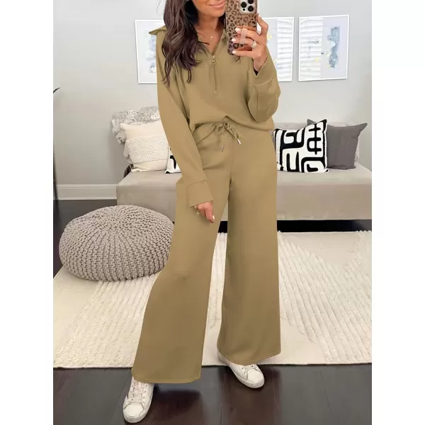 Caracilia Women Two Piece Outfits Sweatsuit Set Quarter Zip Oversized Sweatshirt Wide Leg Sweatpant Fall Lounge Set Tracksuit