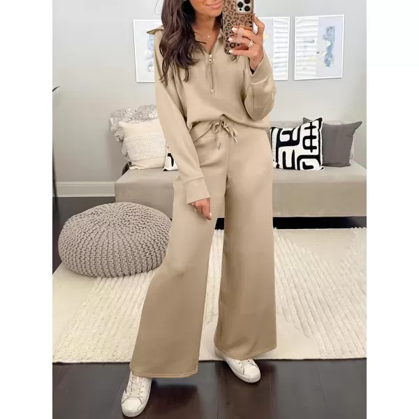 Caracilia Women Two Piece Outfits Sweatsuit Set Quarter Zip Oversized Sweatshirt Wide Leg Sweatpant Fall Lounge Set Tracksuit