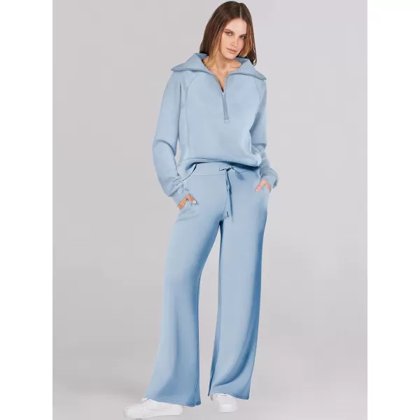 Caracilia Women Two Piece Outfits Sweatsuit Set Quarter Zip Oversized Sweatshirt Wide Leg Sweatpant Fall Lounge Set Tracksuit