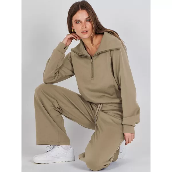 Caracilia Women Two Piece Outfits Sweatsuit Set Quarter Zip Oversized Sweatshirt Wide Leg Sweatpant Fall Lounge Set Tracksuit
