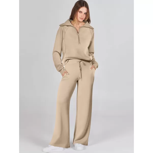 Caracilia Women Two Piece Outfits Sweatsuit Set Quarter Zip Oversized Sweatshirt Wide Leg Sweatpant Fall Lounge Set Tracksuit