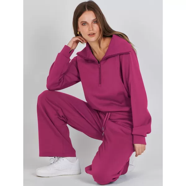 Caracilia Women Two Piece Outfits Sweatsuit Set Quarter Zip Oversized Sweatshirt Wide Leg Sweatpant Fall Lounge Set Tracksuit