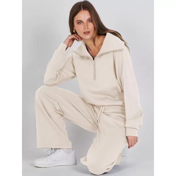 Caracilia Women Two Piece Outfits Sweatsuit Set Quarter Zip Oversized Sweatshirt Wide Leg Sweatpant Fall Lounge Set Tracksuit