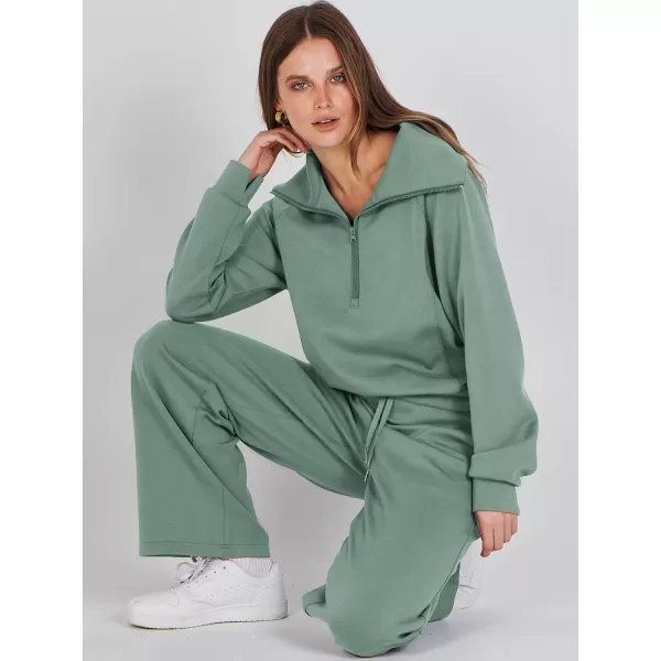 Caracilia Women Two Piece Outfits Sweatsuit Set Quarter Zip Oversized Sweatshirt Wide Leg Sweatpant Fall Lounge Set Tracksuit