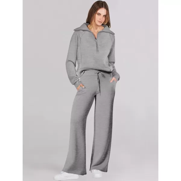 Caracilia Women Two Piece Outfits Sweatsuit Set Quarter Zip Oversized Sweatshirt Wide Leg Sweatpant Fall Lounge Set Tracksuit