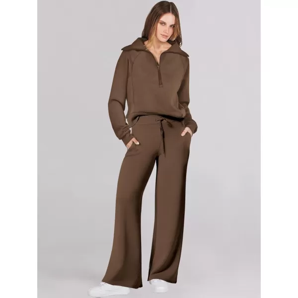 Caracilia Women Two Piece Outfits Sweatsuit Set Quarter Zip Oversized Sweatshirt Wide Leg Sweatpant Fall Lounge Set Tracksuit