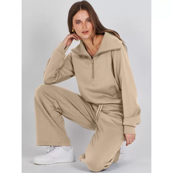 Caracilia Women Two Piece Outfits Sweatsuit Set Quarter Zip Oversized Sweatshirt Wide Leg Sweatpant Fall Lounge Set Tracksuit