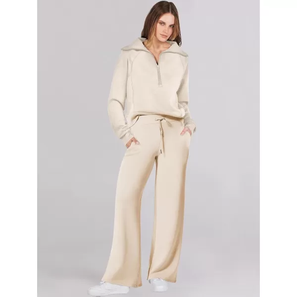 Caracilia Women Two Piece Outfits Sweatsuit Set Quarter Zip Oversized Sweatshirt Wide Leg Sweatpant Fall Lounge Set Tracksuit