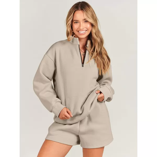 Caracilia Women’s 2 Piece Outfits Sweatsuit Oversized Half Zip Sweatshirt and Shorts Matching Lounge Set Fall Tracksuits