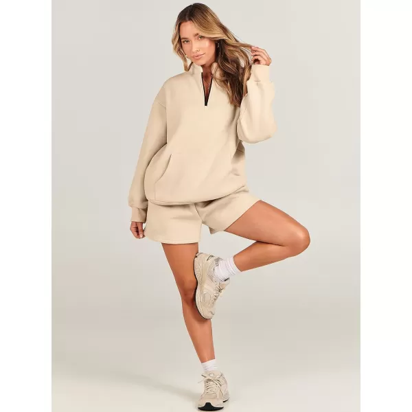 Caracilia Women’s 2 Piece Outfits Sweatsuit Oversized Half Zip Sweatshirt and Shorts Matching Lounge Set Fall Tracksuits