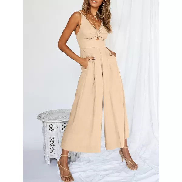 Caracilia Women's Summer Wide Leg Jumpsuits Dressy Sleeveless V Neck High Waist Cutout Straps One Piece Linen Rompers