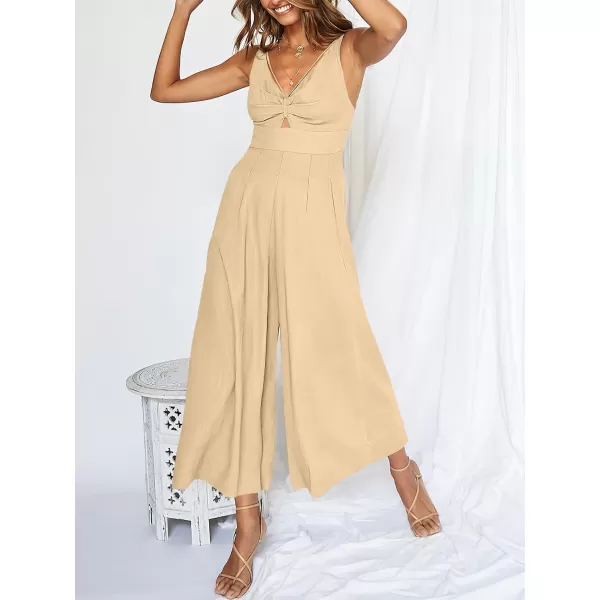 Caracilia Women's Summer Wide Leg Jumpsuits Dressy Sleeveless V Neck High Waist Cutout Straps One Piece Linen Rompers
