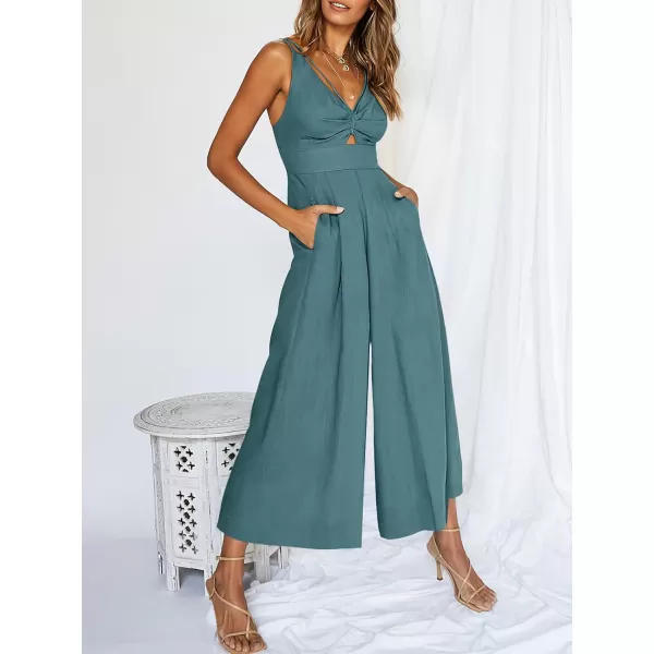 Caracilia Women's Summer Wide Leg Jumpsuits Dressy Sleeveless V Neck High Waist Cutout Straps One Piece Linen Rompers