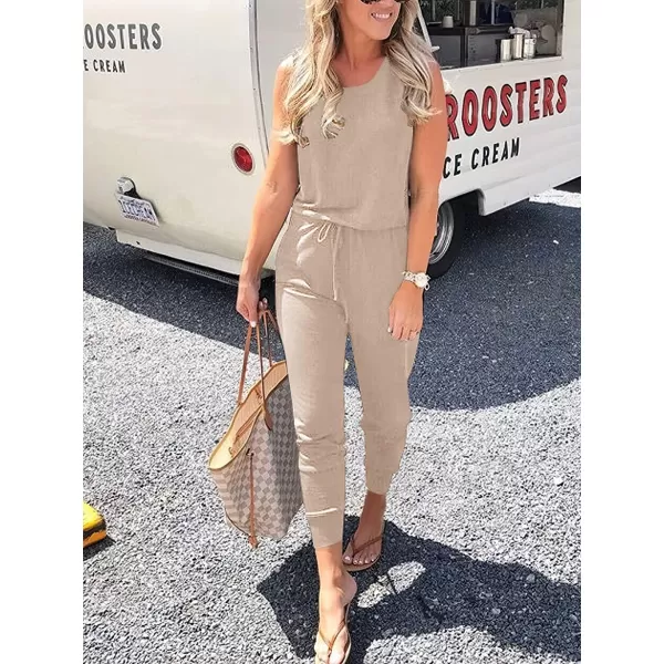 Caracilia Women's Tank Jumpsuit Summer Casual Sleeveless Beam Foot Elasitic Waist Rompers Jumpsuits with Pockets