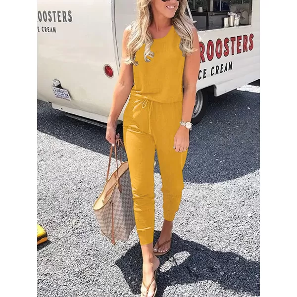 Caracilia Women's Tank Jumpsuit Summer Casual Sleeveless Beam Foot Elasitic Waist Rompers Jumpsuits with Pockets