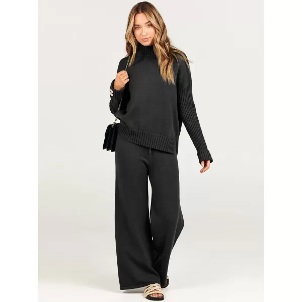 Caracilia Women's Two Piece Outfits Sweater Sets 2 Piece Long Sleeve Knit Pullover Tops Wide Leg Pants 2023 Fall Lounge Sets