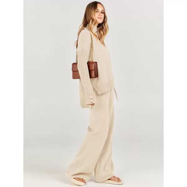 Caracilia Women's Two Piece Outfits Sweater Sets 2 Piece Long Sleeve Knit Pullover Tops Wide Leg Pants 2023 Fall Lounge Sets