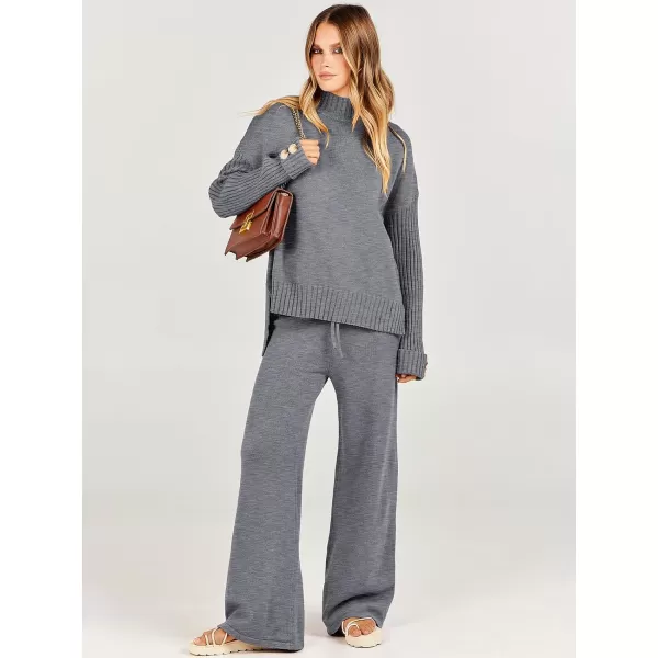 Caracilia Women's Two Piece Outfits Sweater Sets 2 Piece Long Sleeve Knit Pullover Tops Wide Leg Pants 2023 Fall Lounge Sets