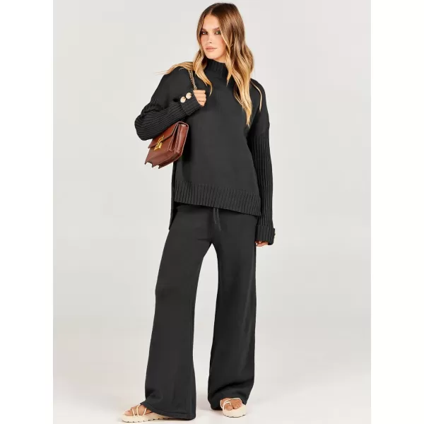 Caracilia Women's Two Piece Outfits Sweater Sets 2 Piece Long Sleeve Knit Pullover Tops Wide Leg Pants 2023 Fall Lounge Sets