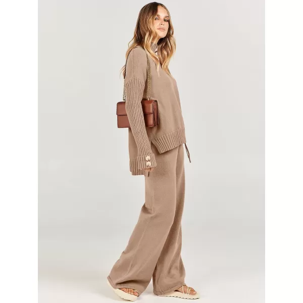 Caracilia Women's Two Piece Outfits Sweater Sets 2 Piece Long Sleeve Knit Pullover Tops Wide Leg Pants 2023 Fall Lounge Sets