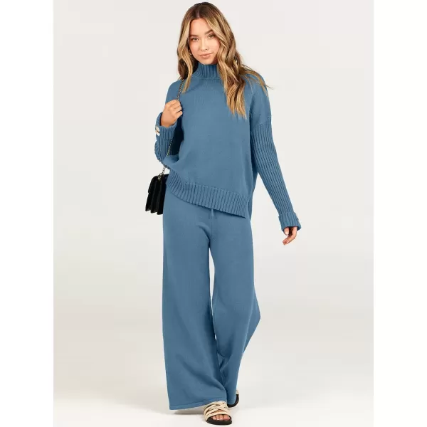 Caracilia Women's Two Piece Outfits Sweater Sets 2 Piece Long Sleeve Knit Pullover Tops Wide Leg Pants 2023 Fall Lounge Sets
