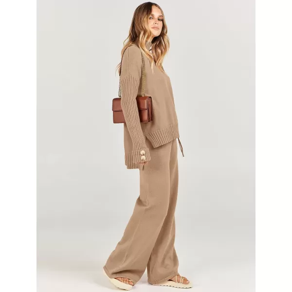 Caracilia Women's Two Piece Outfits Sweater Sets 2 Piece Long Sleeve Knit Pullover Tops Wide Leg Pants 2023 Fall Lounge Sets