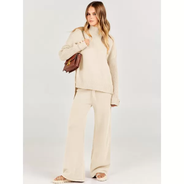 Caracilia Women's Two Piece Outfits Sweater Sets 2 Piece Long Sleeve Knit Pullover Tops Wide Leg Pants 2023 Fall Lounge Sets