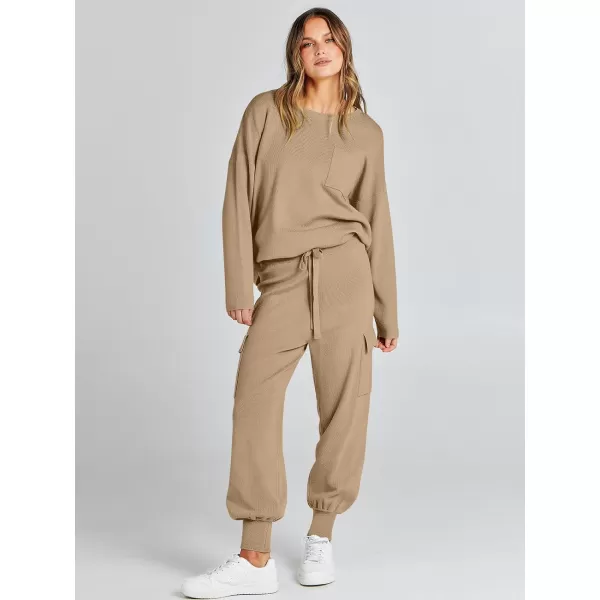 Caracilia Women's Two Piece Outfits Sweater Sets Long Sleeve Knit Pullover Tops and Cargo Jogger Pants Lounge Sets