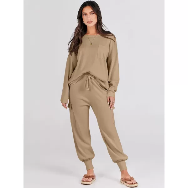 Caracilia Women's Two Piece Outfits Sweater Sets Long Sleeve Knit Pullover Tops and Cargo Jogger Pants Lounge Sets
