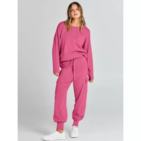 Caracilia Women's Two Piece Outfits Sweater Sets Long Sleeve Knit Pullover Tops and Cargo Jogger Pants Lounge Sets