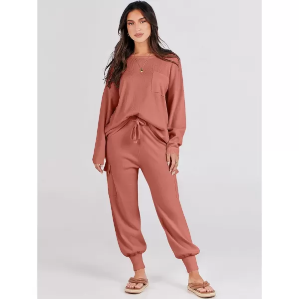 Caracilia Women's Two Piece Outfits Sweater Sets Long Sleeve Knit Pullover Tops and Cargo Jogger Pants Lounge Sets