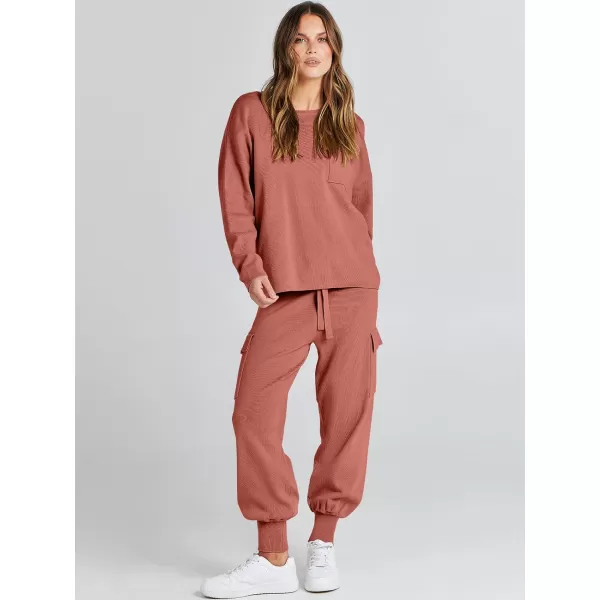 Caracilia Women's Two Piece Outfits Sweater Sets Long Sleeve Knit Pullover Tops and Cargo Jogger Pants Lounge Sets