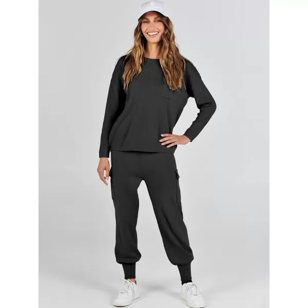 Caracilia Women's Two Piece Outfits Sweater Sets Long Sleeve Knit Pullover Tops and Cargo Jogger Pants Lounge Sets